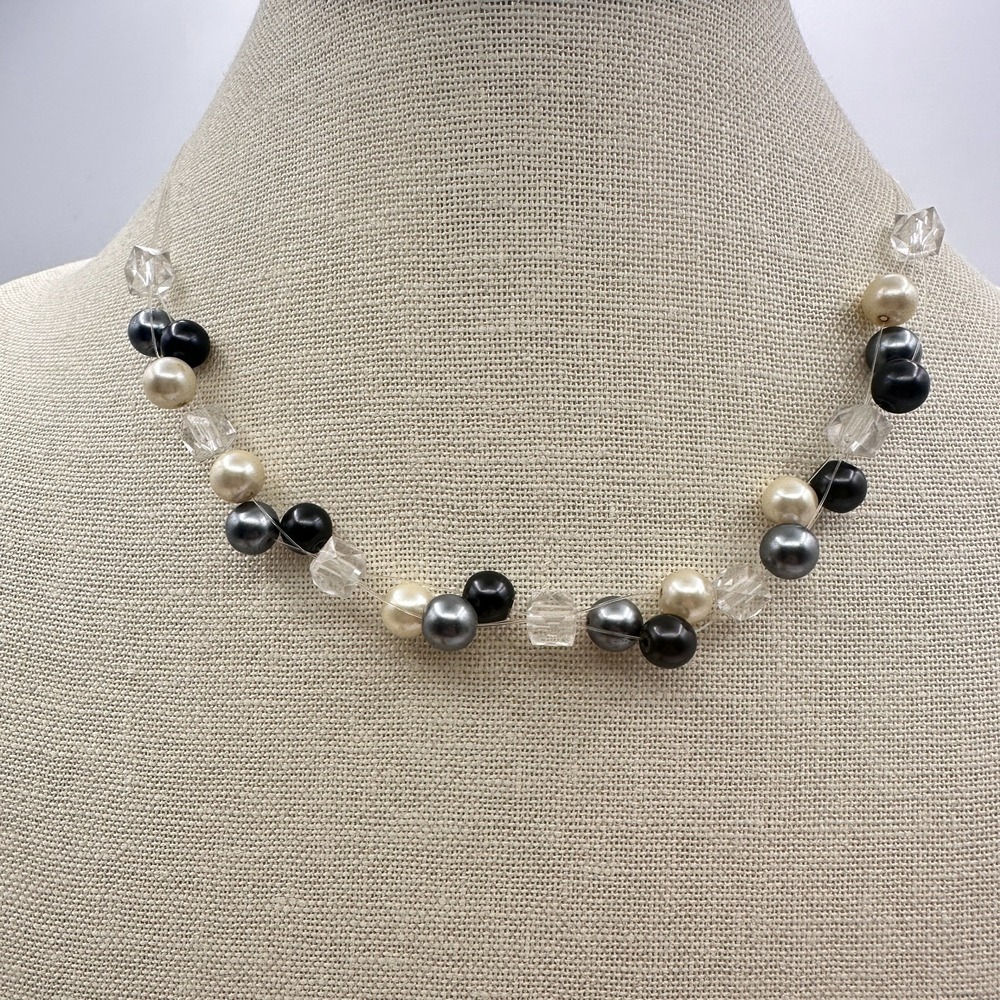Vintage 80s Black White Gray Faux Pearl Clear Crystal Beaded Necklace Jewelry